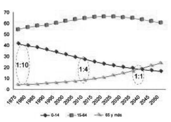 América Latina y el Caribe: distribución de la población según grupos de edad (1975-2050) (19)