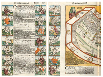 Salvajes y personajes fantásticos. Imagen izquierda: salvaje medieval con el cuerpo cubierto de pelo, desnudo y que sostiene una maza elaborada con una rama tronchada y que usa como arma distintiva. Imagen central: representaciones de las razas monstruosas en el Liber Chronicarum conocido como la Crónica de Nüremberg (Sheldel). Imagen del extremo derecho: fragmento de un mapamundi medieval con las razas monstruosas y de salvajes viviendo en los márgenes del mundo.