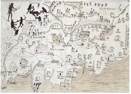 Mapa de la Nueva Galicia. En este mapa apreciamos la representación del mar, la costa, el espacio densamente poblado, así como accidentes geográficos varios (ríos, montañas). En la parte superior derecha mediante un vacío se figuraron los llanos de los chichimecas y en la izquierda el espacio del grupo chichimeca de los tepehuanos.