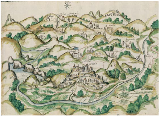 Mapa de la relación geográfica de Meztitlán. En la parte central superior, en los márgenes de la representación del espacio habitado, observamos un grupo de figuras humanas desnudas, sostienen arcos y flechas, y están rodeando a Xilitla, cuyo convento sufrió un severo ataque chichimeca en el último tercio del siglo XVI. La escena sugiere que los chichimecas habitaban los márgenes del espacio civilizado y cristianizado.