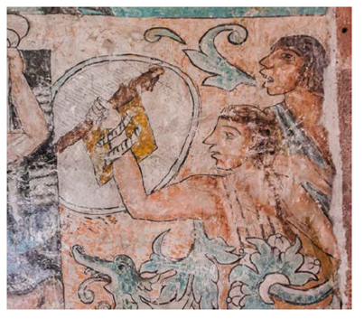 Personaje indígena del mural del Friso Bajo de Ixmiquilpan, Hidalgo, México. Sostiene con una mano un garrote tronchado, al tiempo que tiene fijado un escudo mediante un par de correas en las zonas de su muñeca y antebrazo. De acuerdo con su ubicación espacial, este personaje está asociado con los chichimecas (véase la figura 3). El hecho de que sostenga una maza indica una fusión entre el imaginario del salvaje europeo y el chichimeca.