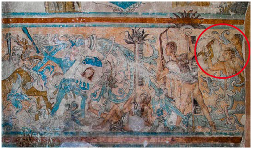 Escena de la batalla. En el convento de Ixmiquilpan en el estado de Hidalgo, México, en los muros de la iglesia fueron pintadas escenas de combates entre indígenas sedentarios y chichimecas nómadas. Estos últimos están asociados con el paganismo y el salvajismo. En la zona señalada por el círculo rojo muestra a los guerreros de la figura 2.