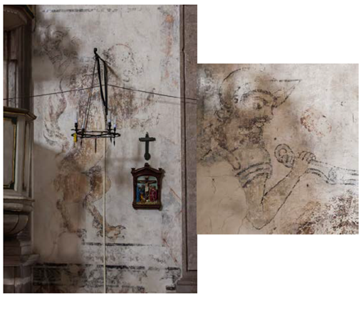Un guerrero español somete a un personaje demoniaco. Escena del muro de la epístola en la iglesia conventual de Tlalmanalco, Estado de México. Un guerrero vestido como español controla a un monstruo encadenado. Esta escena hace eco al tema de la lucha de vicios contra virtudes y del cristianismo contra el paganismo/idolatría. El español es el vencedor del monstruo demoniaco.
