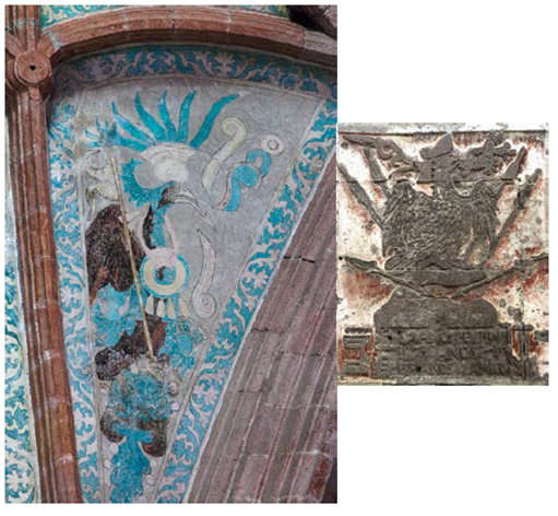 Representaciones de águilas en el arte indígena cristiano. La imagen de la izquierda muestra el águila que se encuentra en el ábside de la iglesia conventual de Ixmiquilpan, en uno de los plementos de la bóveda. Su parecido con el águila tallada en uno de los muros exteriores del Convento de Tecamachalco (derecha), en el Estado de Puebla, México, es muy sugerente; a pesar de ello existen importantes diferencias: el águila de Ixmiquilpan en lugar de lengua tiene una flecha, mientras que el águila de Tecamachalco sostiene con su pico el signo de la guerra (atlachinolli).