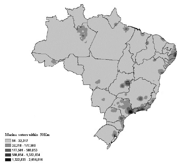 Number of Votes for the Third-place Candidate (Marina-PSB) Accumulated within 50Km from each Location
