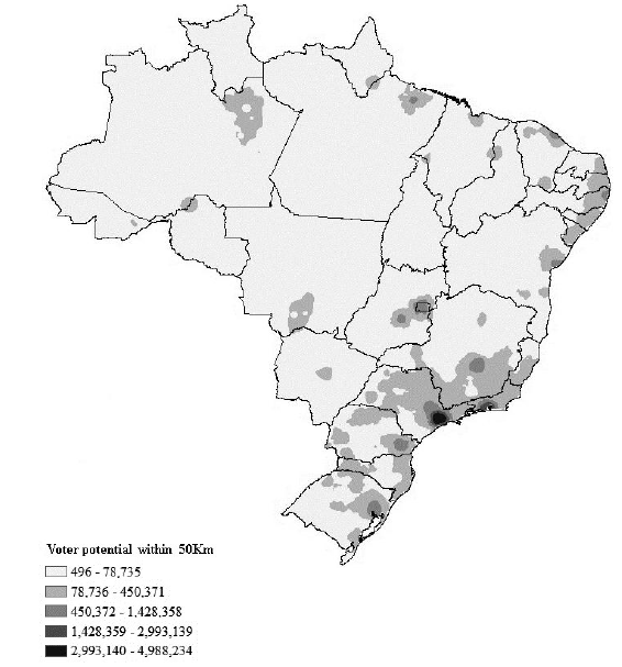 Voter-Potential Accumulated within 50Km from each Location