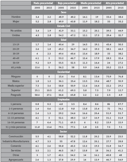 Resultados estadísticos de
la
precariedad en México para 2005 y
2015