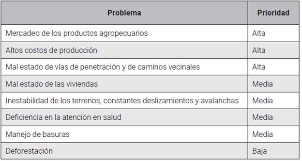 Orden de importancia
que la comunidad considera como los principales problemas que deben ser
atendidos por los organismos estatales en la microcuenca de la quebrada
Cay 