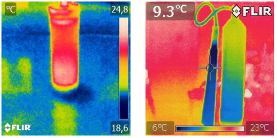 Imágenes térmicas de la compresión adiabática (Izq.) en una bomba de aire y la expansión adiabática (Der.) en un extintor de dióxido de carbono.