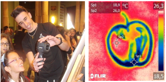 Demostración del efecto térmico de la evaporación durante las V Jornadas Con Ciencia en la Escuela (Círculo de Bellas Artes, Madrid, 2015).