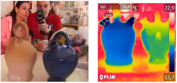 Imagen térmica de un botijo sin esmaltar (Izq.) y otro esmaltado (Der.).