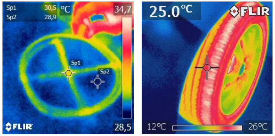 Imágenes térmicas de la disipación de energía por rozamiento: (Izq.) en goma de borrar y (Der.) en neumático de automóvil.