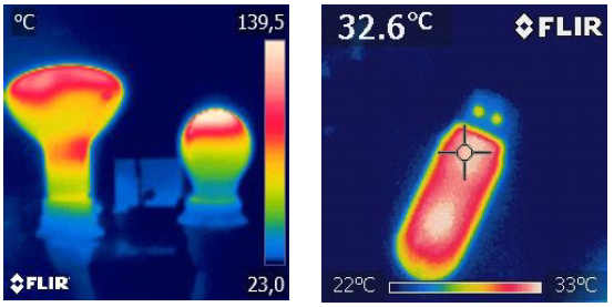 Imágenes térmicas del efecto Joule en dos clases de bombillas (Izq.) y en una memoria pendrive (Der.).