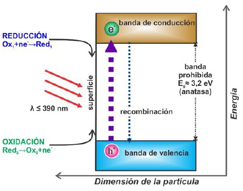Esquema del
proceso fotocatalítico en la superficie de una partícula de un semiconductor
bajo excitación luminosa30
