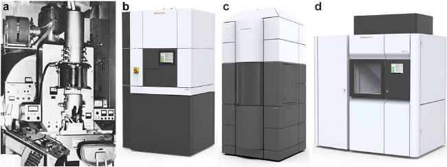  Criomicroscopios electr&oacute;nicos precursores y de
&uacute;ltima generaci&oacute;n: (a) primer crio-ME experimental con un conjunto de lente
objetiva superconductora en un criostato plano19 (Cryo-Electron Microscope
Laboratories, University of Chicago, EE.UU.); (b) Crio-MEs Thermo Fisher
Scientific Glacios&trade;; (c) Krios&trade; G3i y (d) Talos&trade; Artica&trade;. Im&aacute;genes reproducidas
de: (a) Fern&aacute;ndez-Mor&aacute;n10 con permiso de Elsevier y (b-d) Thermo Fisher
Scientific.