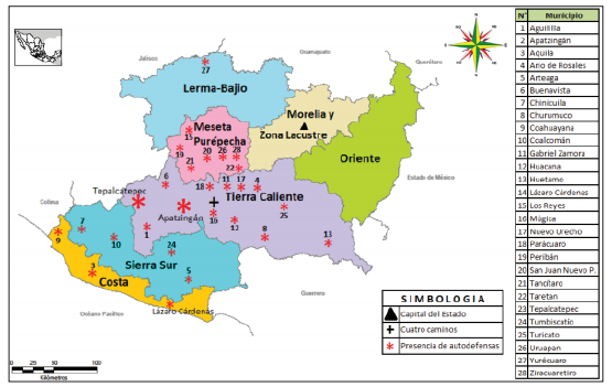 Regiones y municipios de Michoacán con presencia de grupos de autodefensa, 2014