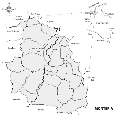 MAPA DE UBICACIÓN DE LAS FINCAS
GANADERAS ESTUDIADAS EN EL MUNICIPIO DE MONTERÍA, CÓRDOBA.