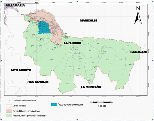 Mapa vereda La Florida en Villamar&iacute;a-(Caldas). Zona de estudio La Florida Villamar&iacute;a-Manizales Fuente: planimetr&iacute;a municipio de Manizales. Modificado Mario Bucheli, 2015.