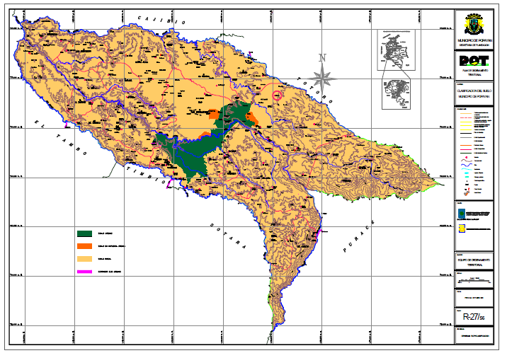 Zona de estudio Clarete (Popay&aacute;n-Cauca). Mapa de clasificaci&oacute;n del Suelo Municipio Popay&aacute;n. Elaborado por Equipo de Ordenamiento Territorial, secretaria de Planeaci&oacute;n. El circulo resalta la ubicaci&oacute;n de la veresa Clarete en el Municipio de Popay&aacute;n. Recuperado de http://popayan.gov.co/sites/default/files/calsificacion-del-suelo.pdf