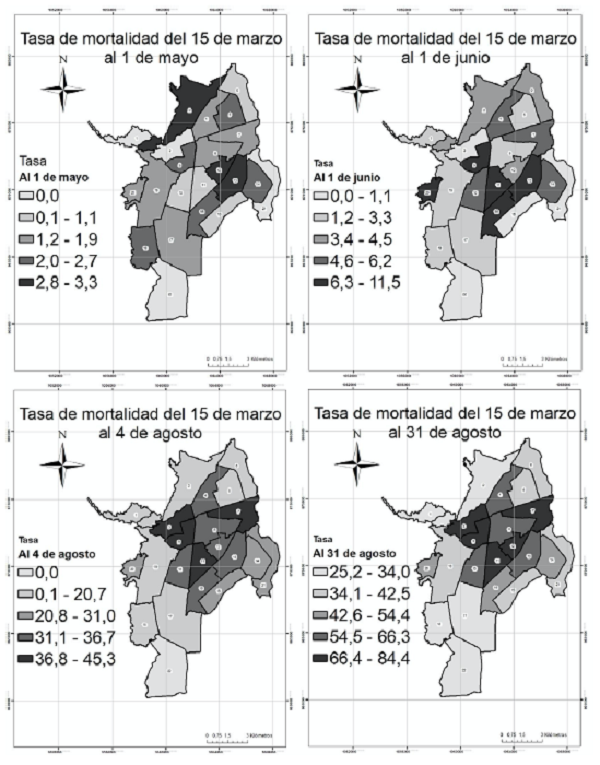 Tasa de mortalidad por cada cien mil habitantes, por comunas, 2020.