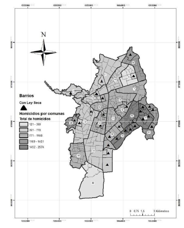 Barrios de Cali focalizados para implementar la medida de ley seca respecto a total de homicidios por comuna entre 2004 y 2018.