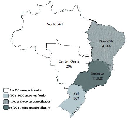 Distribui&ccedil;&atilde;o de casos notificados de LER/DORT na ind&uacute;stria no Sinan, segundo a regi&atilde;o geogr&aacute;fica - Brasil 2007 a 2013.