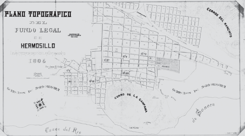 Plano topogr&aacute;fico del fundo legal de Hermosillo, 1895; aparece la divisi&oacute;n de los trece cuarteles, as&iacute; como las acequias de la ciudad