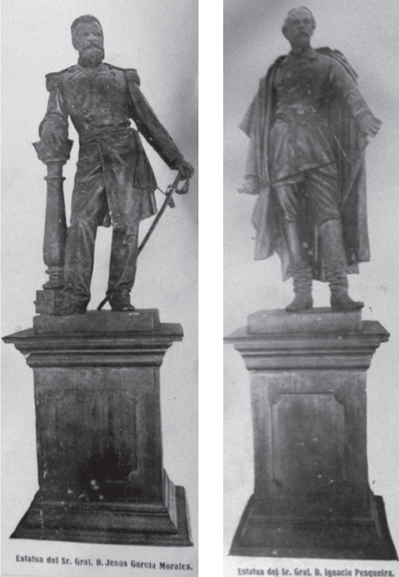 Estatuas de los generales Ignacio Pesqueira (izquierda), y Jes&uacute;s Garc&iacute;a Morales (derecha) en el Palacio de Gobierno (Sonora)