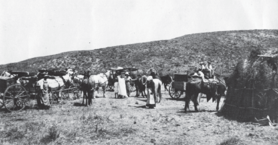 Paseo familiar liderado por Alberta Johnson. A la derecha vivienda kiliwa, 1920 ca.