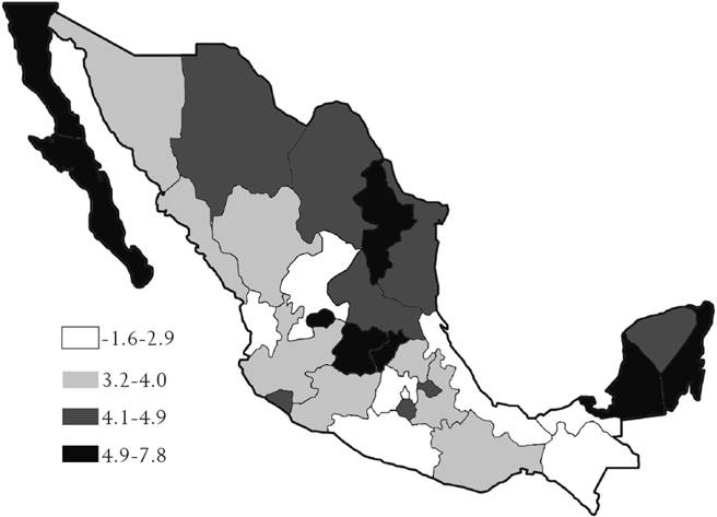 Tasa de crecimiento media anual del PIB real, 1980-2005