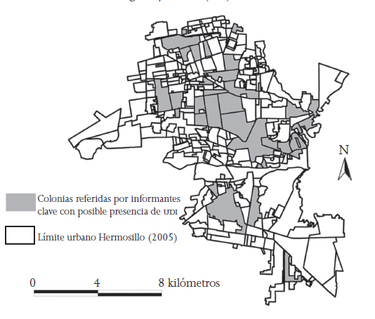  Colonias en
Hermosillo reportadas por actores institucionales por tener alta proporci&oacute;n de
usuarios de drogas inyectadas (udi) 2010