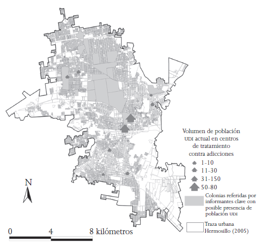 Distribuci&oacute;n
de centros de tratamiento o rehabilitaci&oacute;n para las adicciones en Hermosillo,
2010