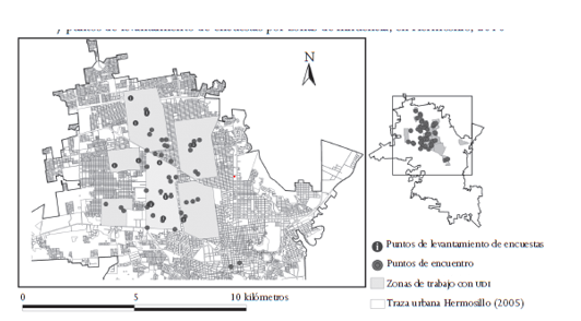 Puntos de
encuentro de usuarios de drogas inyectadas identificados y puntos de
levantamiento de encuestas por zonas de influencia, en Hermosillo, 2010