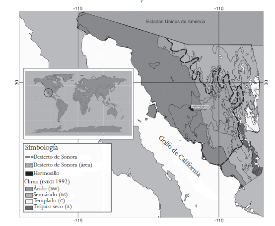 Localizaci&oacute;n
de Hermosillo y clima del estado de Sonora
