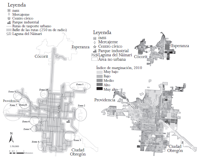 Cobertura del
sistema de trasporte p&uacute;blico urbano en Ciudad Obreg&oacute;n, 2014