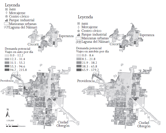Demanda
potencial por trasporte privado y p&uacute;blico en Ciudad Obreg&oacute;n, 2010