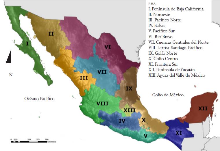 Ubicaci&oacute;n geogr&aacute;fica de las trece regiones hidrol&oacute;gico-administrativas