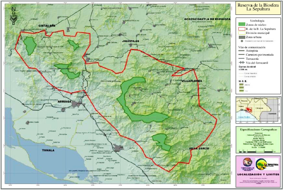 Mapa de la Reserva de la Biosfera La Sepultura, zona n&uacute;cleo y de amortiguamiento