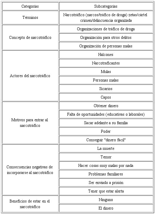 Categor&iacute;as principales asociadas con la representaci&oacute;n social del narcotr&aacute;fico
