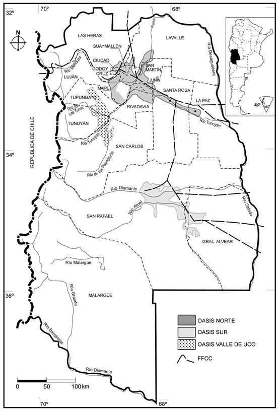 Provincia de Mendoza: oasis irrigados y v&iacute;as f&eacute;rreas principales, 1935