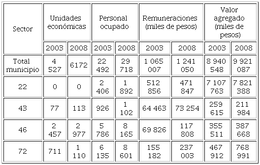 Indicadores econ&oacute;micos del municipio de Zihuatanejo de Azueta, 2003 y 2008