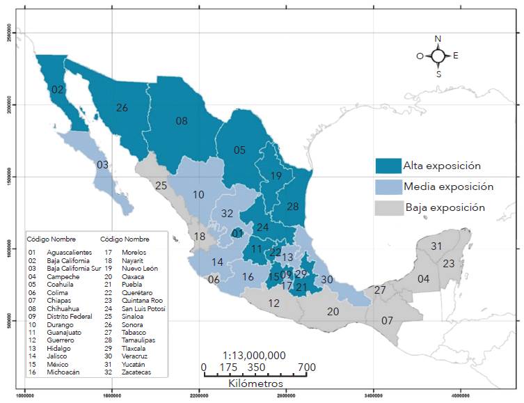 Distribuci&oacute;n regional, de acuerdo con el grado de exposici&oacute;n a la apertura comercial, en M&eacute;xico