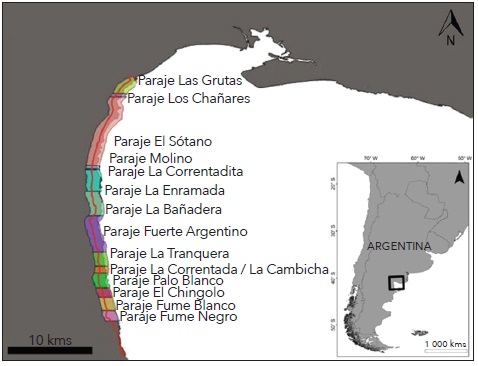 Localización y nombre de los parajes utilizados por los pulperos en el tramo costero entre Las Grutas y el paraje Fume Negro