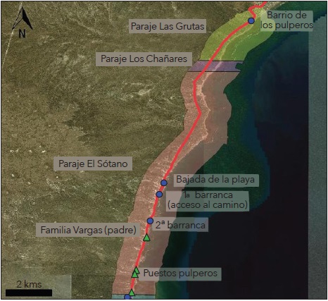 Localización de los parajes (sombreado de colores), puestos (triángulos verdes, georeferenciados) y puntos de referencia (círculos azul celeste, georeferenciados) a lo largo del camino de los pulperos (línea roja). Los límites divisorios entre parajes son aproximados