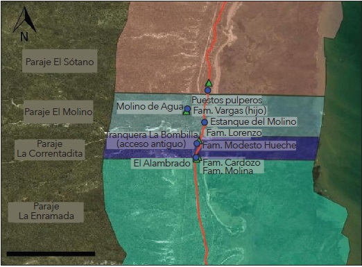 Localización de los parajes (sombreado de colores), puestos (triángulos verdes, georeferenciados) y puntos de referencia (círculos azul celeste, georeferenciados) a lo largo del camino de los pulperos (línea roja). Los límites divisorios entre parajes son aproximados