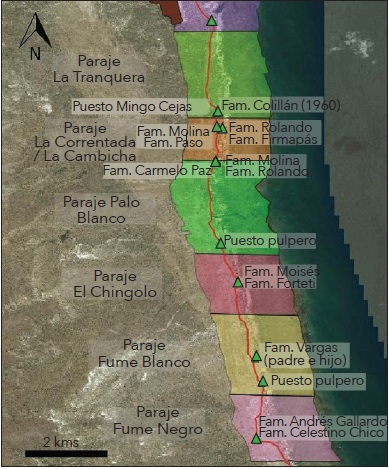 Localización de los parajes (sombreado de colores), puestos (triángulos verdes, georeferenciados) y puntos de referencia (círculos azul celeste, georeferenciados) a lo largo del camino de los pulperos (línea roja). Los límites divisorios entre parajes son aproximados