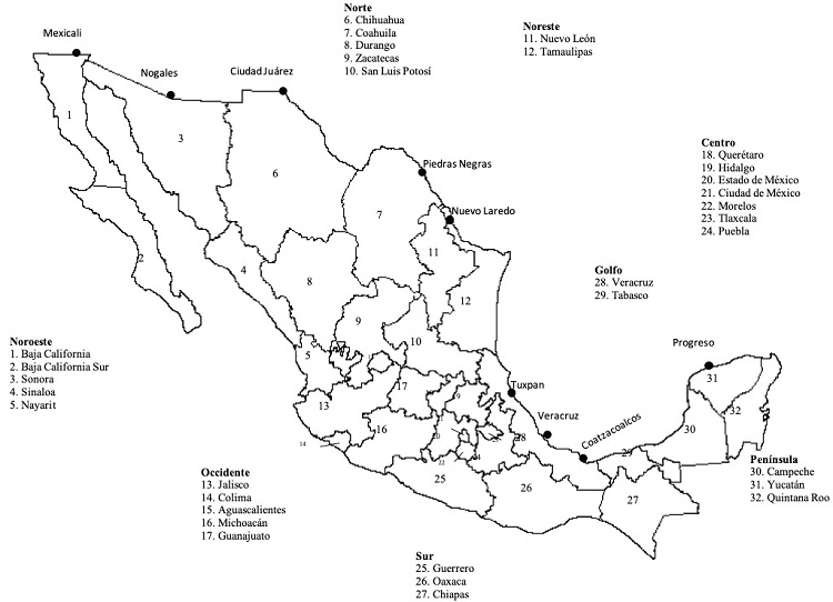 Estados y fronteras de importaci&oacute;n consideradas en el modelo de ma&iacute;z 