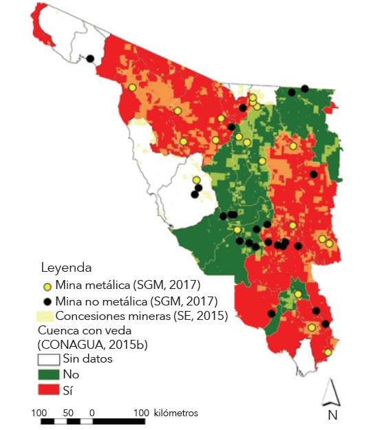 Minas activas y estado de disponibilidad de las cuencas hidrol&oacute;gicas, 2015 