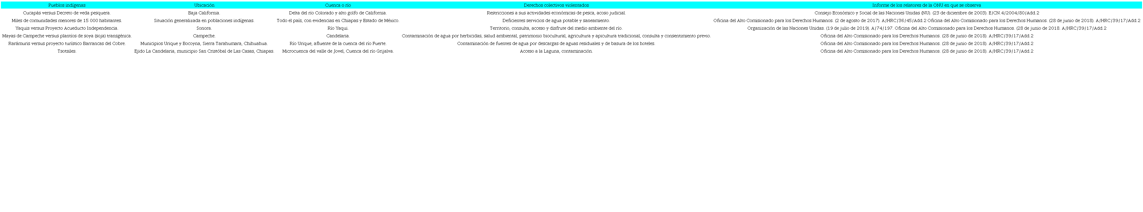 Casos de violaci&oacute;n al derecho humano al agua y saneamiento en los pueblos ind&iacute;genas de M&eacute;xico, identificados por los relatores de la Organizaci&oacute;n de las Naciones Unidas (ONU) en sus visitas oficiales