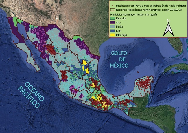 Mapa de disponibilidad de agua y poblaciones ind&iacute;genas de M&eacute;xico, 2015 
